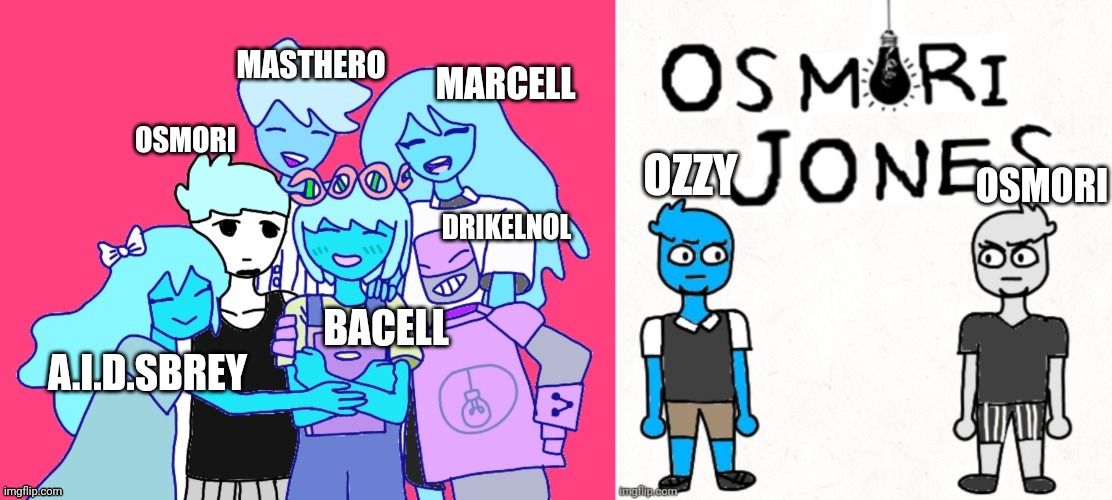 Osmori jones main characters | MARCELL; MASTHERO; OSMORI; OSMORI; OZZY; DRIKELNOL; BACELL; A.I.D.SBREY | image tagged in osmori jones | made w/ Imgflip meme maker
