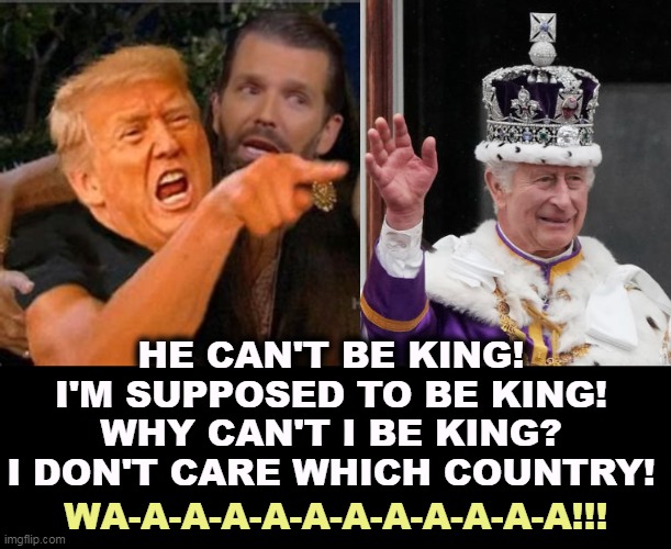 How come he gets to be King and I don't? It's rigged! | HE CAN'T BE KING! I'M SUPPOSED TO BE KING! WHY CAN'T I BE KING? I DON'T CARE WHICH COUNTRY! WA-A-A-A-A-A-A-A-A-A-A-A!!! | image tagged in king charles,donald trump,jealous,tantrum,rigged | made w/ Imgflip meme maker