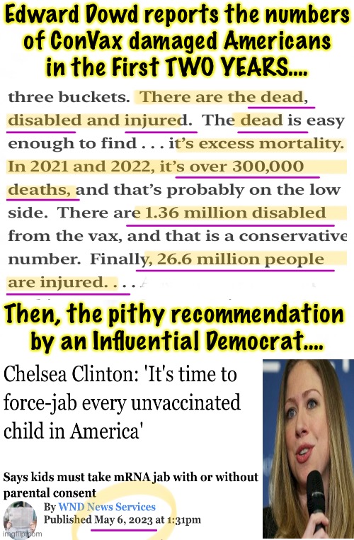 The younger one want to UP the Clinton Body Count.   Significantly | Edward Dowd reports the numbers
of ConVax damaged Americans
in the First TWO YEARS…. Then, the pithy recommendation 
by an Influential Democrat…. | image tagged in memes,the jab,lets force jab,too many kids runnin around anyway,hey fjb voters,kissmyass | made w/ Imgflip meme maker