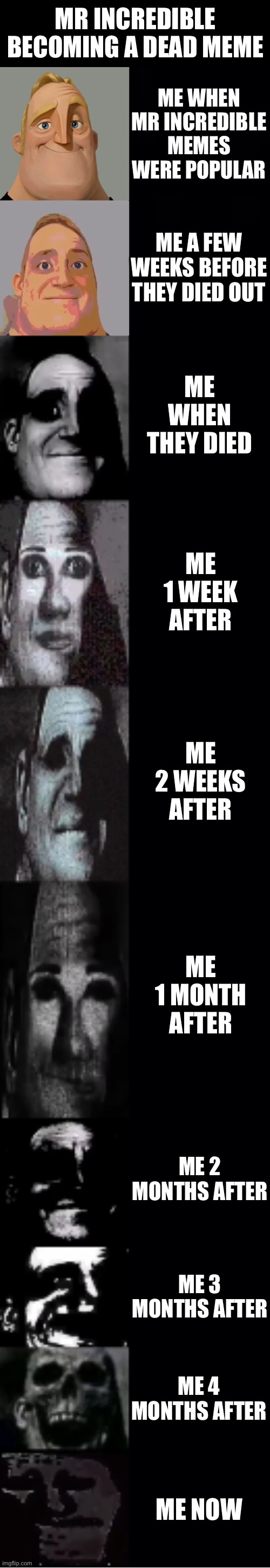 They were going strong but poof, no more! | MR INCREDIBLE BECOMING A DEAD MEME; ME WHEN MR INCREDIBLE MEMES WERE POPULAR; ME A FEW WEEKS BEFORE THEY DIED OUT; ME WHEN THEY DIED; ME 1 WEEK AFTER; ME 2 WEEKS AFTER; ME 1 MONTH AFTER; ME 2 MONTHS AFTER; ME 3 MONTHS AFTER; ME 4 MONTHS AFTER; ME NOW | image tagged in mr incredible becoming uncanny | made w/ Imgflip meme maker