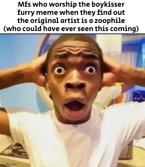 Surprised Black Guy | Mfs who worship the boykisser furry meme when they find out the original artist is a zoophile (who could have ever seen this coming) | image tagged in surprised black guy | made w/ Imgflip meme maker