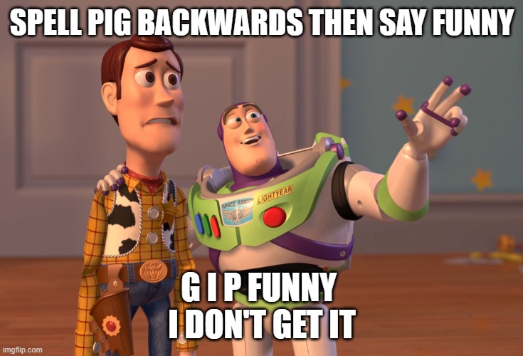 X, X Everywhere | SPELL PIG BACKWARDS THEN SAY FUNNY; G I P FUNNY 
I DON'T GET IT | image tagged in memes,x x everywhere | made w/ Imgflip meme maker