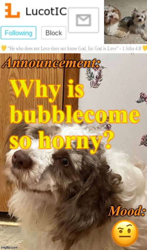 . | Why is bubblecome so horny? 🤨 | image tagged in lucotic s fangz announcement temp thanks strike | made w/ Imgflip meme maker