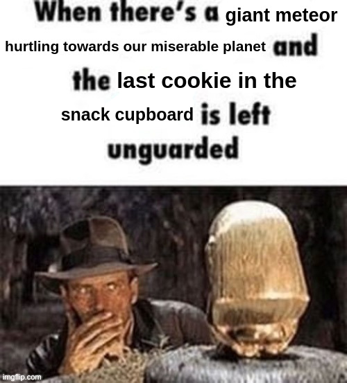 gn chat | giant meteor; hurtling towards our miserable planet; last cookie in the; snack cupboard | image tagged in indiana jones,stealing,cookies,meteor,apocalypse,memes | made w/ Imgflip meme maker