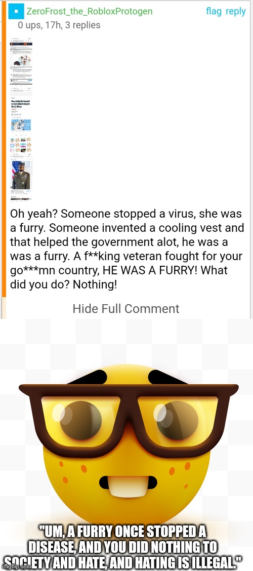 Bro is a Twitter user | "UM, A FURRY ONCE STOPPED A DISEASE, AND YOU DID NOTHING TO SOCIETY AND HATE, AND HATING IS ILLEGAL." | image tagged in nerd emoji | made w/ Imgflip meme maker