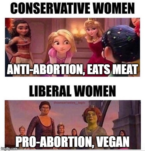 conservative women vs liberal women | ANTI-ABORTION, EATS MEAT; PRO-ABORTION, VEGAN | image tagged in memes,so true memes,conservatives,liberals,vegans,liberals vs conservatives | made w/ Imgflip meme maker