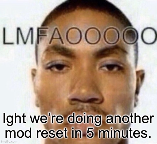 Ight we’re doing another mod reset in 5 minutes. | image tagged in lmfaooooo | made w/ Imgflip meme maker