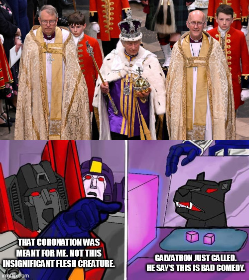 THAT CORONATION WAS MEANT FOR ME. NOT THIS INSIGNIFICANT FLESH CREATURE. GALVATRON JUST CALLED. HE SAY'S THIS IS BAD COMEDY. | image tagged in starscream ravage | made w/ Imgflip meme maker