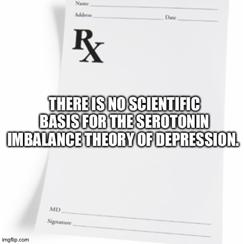 Prescription  | THERE IS NO SCIENTIFIC BASIS FOR THE SEROTONIN IMBALANCE THEORY OF DEPRESSION. | image tagged in prescription | made w/ Imgflip meme maker