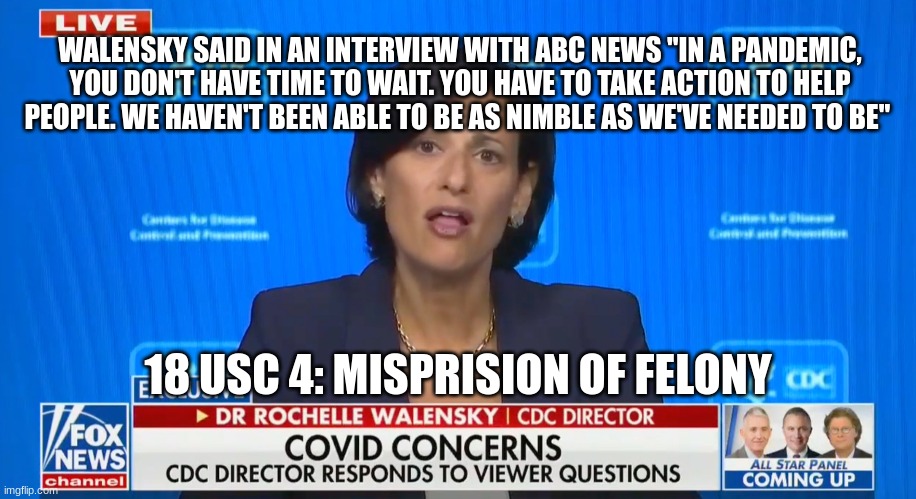 WALENSKY SAID IN AN INTERVIEW WITH ABC NEWS "IN A PANDEMIC, YOU DON'T HAVE TIME TO WAIT. YOU HAVE TO TAKE ACTION TO HELP PEOPLE. WE HAVEN'T BEEN ABLE TO BE AS NIMBLE AS WE'VE NEEDED TO BE"; 18 USC 4: MISPRISION OF FELONY | made w/ Imgflip meme maker