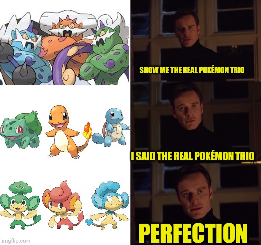Its the infamous trio | SHOW ME THE REAL POKÉMON TRIO; I SAID THE REAL POKÉMON TRIO; PERFECTION | image tagged in perfection,pokemon | made w/ Imgflip meme maker