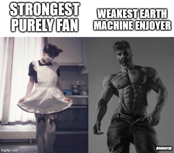 Chad Earth machine player | STRONGEST PURELY FAN; WEAKEST EARTH MACHINE ENJOYER; Boumerxp | image tagged in giga chad vs femboy | made w/ Imgflip meme maker