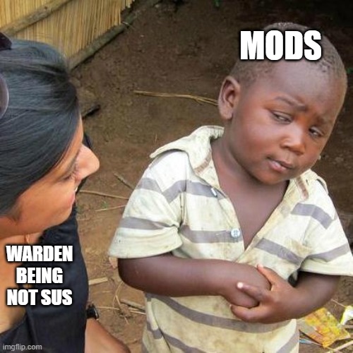 Warden Not Being Sus Suprises Mods | MODS; WARDEN BEING NOT SUS | image tagged in memes,third world skeptical kid,sus,warden,mods suprised,fun | made w/ Imgflip meme maker