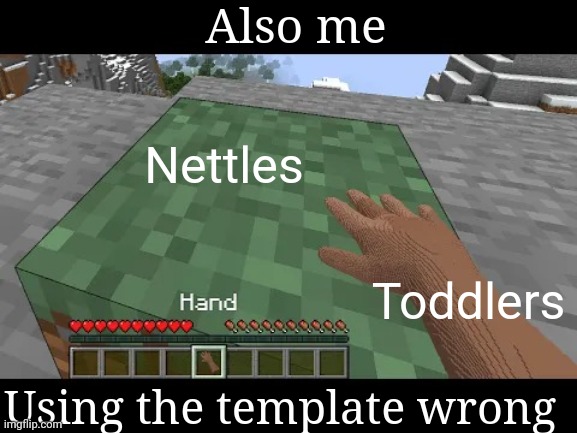 Ahhhhhhhhhhh Ahhhhhhhhhhhh AAAAAAAAAAAA AAAAEASARAAAAAA AAAAAAAAAAAAAAAAAAAA | Also me; Nettles; Toddlers; Using the template wrong | image tagged in hand touching minecraft grass block,crossover,toddler,sting,true story | made w/ Imgflip meme maker