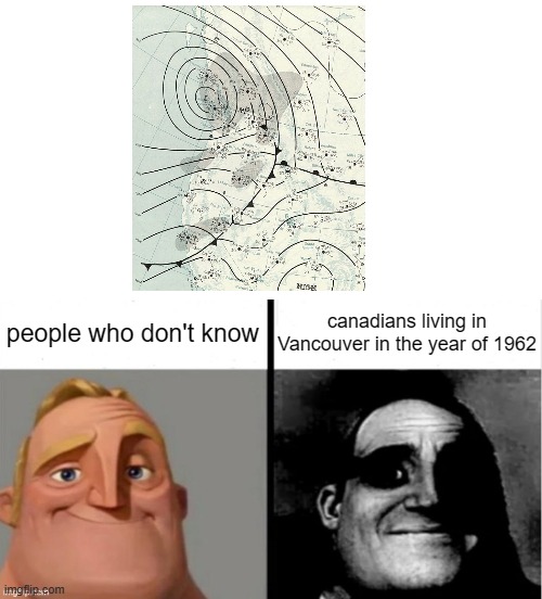 the image is about a typhoon named Freda that struck Vancouver in 1962 | people who don't know; canadians living in Vancouver in the year of 1962 | image tagged in people who don't know vs people who know | made w/ Imgflip meme maker