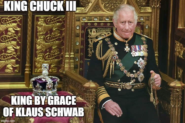 King Charles III | KING CHUCK III; KING BY GRACE OF KLAUS SCHWAB | image tagged in king charles iii | made w/ Imgflip meme maker