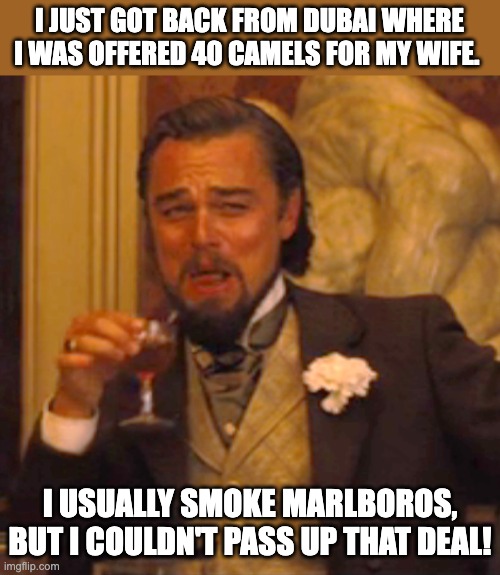 Camels | I JUST GOT BACK FROM DUBAI WHERE I WAS OFFERED 40 CAMELS FOR MY WIFE. I USUALLY SMOKE MARLBOROS, BUT I COULDN'T PASS UP THAT DEAL! | image tagged in memes,laughing leo | made w/ Imgflip meme maker
