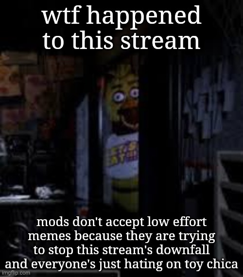 this stream was going so good | wtf happened to this stream; mods don't accept low effort memes because they are trying to stop this stream's downfall and everyone's just hating on toy chica | image tagged in chica looking in window fnaf | made w/ Imgflip meme maker