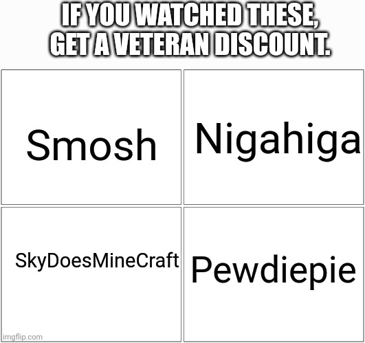 *dies from nostalgia* | IF YOU WATCHED THESE, GET A VETERAN DISCOUNT. Nigahiga; Smosh; SkyDoesMineCraft; Pewdiepie | image tagged in memes,blank comic panel 2x2 | made w/ Imgflip meme maker