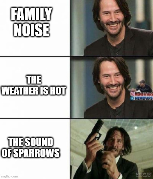 sleep | FAMILY NOISE; THE WEATHER IS HOT; THE SOUND OF SPARROWS | image tagged in memes | made w/ Imgflip meme maker