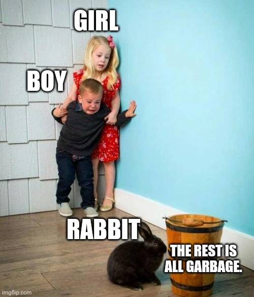 Children scared of rabbit | BOY GIRL RABBIT THE REST IS ALL GARBAGE. | image tagged in children scared of rabbit | made w/ Imgflip meme maker