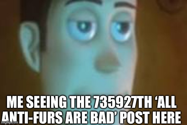 Some of us are actually humans, ya know? | ME SEEING THE 735927TH ‘ALL ANTI-FURS ARE BAD’ POST HERE | image tagged in bored woody,anti furry | made w/ Imgflip meme maker