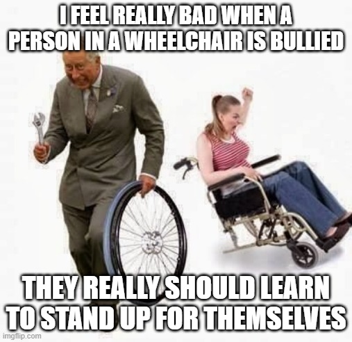 Bullying is Wrong | I FEEL REALLY BAD WHEN A PERSON IN A WHEELCHAIR IS BULLIED; THEY REALLY SHOULD LEARN TO STAND UP FOR THEMSELVES | image tagged in wheel steal | made w/ Imgflip meme maker
