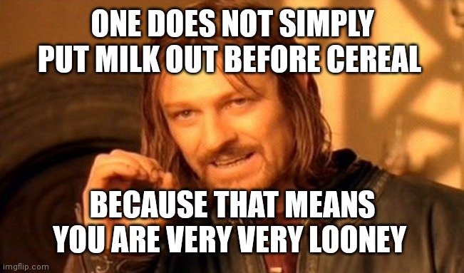 Nobody should ever do that if so you deserve to go to a psych ward | ONE DOES NOT SIMPLY PUT MILK OUT BEFORE CEREAL; BECAUSE THAT MEANS YOU ARE VERY VERY LOONEY | image tagged in memes,one does not simply,funny memes,psych ward,milk before cereal | made w/ Imgflip meme maker