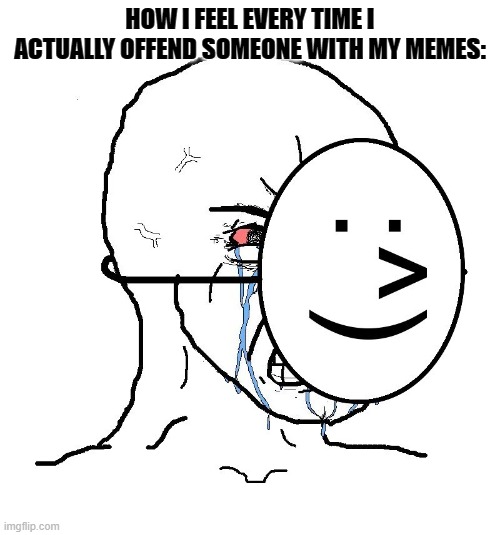 should I just say these memes should not be taken seriously? | HOW I FEEL EVERY TIME I ACTUALLY OFFEND SOMEONE WITH MY MEMES: | image tagged in pretending to be happy hiding crying behind a mask | made w/ Imgflip meme maker