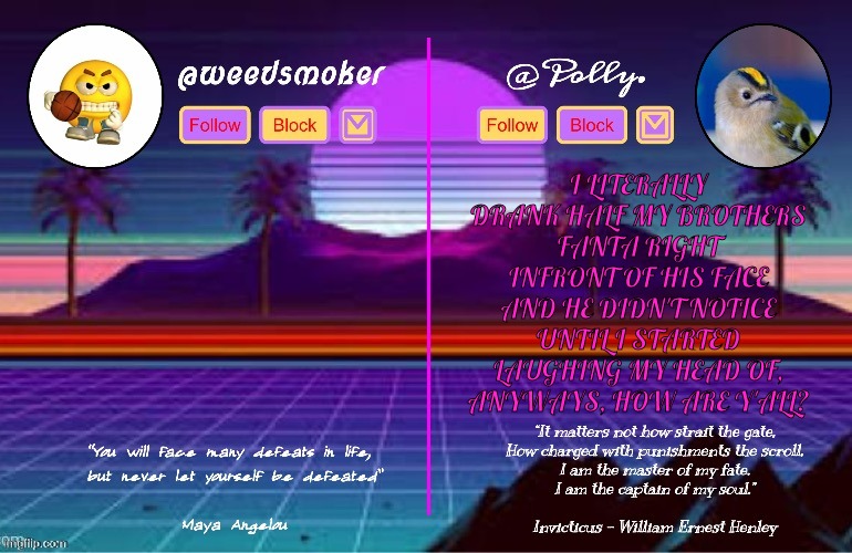 Polly/Weedsmoker shared temp (thanks del) | I LITERALLY DRANK HALF MY BROTHERS FANTA RIGHT INFRONT OF HIS FACE AND HE DIDN'T NOTICE UNTIL I STARTED LAUGHING MY HEAD OF, ANYWAYS, HOW ARE Y'ALL? | image tagged in polly/weedsmoker shared temp thanks del | made w/ Imgflip meme maker