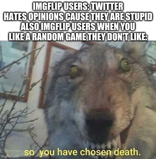bro really disrespects opinions about fortnite and stuff (i don't use it) and blamed twitter for it :I | IMGFLIP USERS: TWITTER HATES OPINIONS CAUSE THEY ARE STUPID
ALSO IMGFLIP USERS WHEN YOU LIKE A RANDOM GAME THEY DON'T LIKE: | image tagged in so you have chosen death,twitter,imgflip users,opinions,thisimagehasalotoftags,imgflip user | made w/ Imgflip meme maker