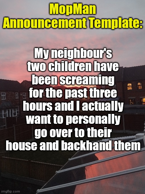 MopMan Announcement Template:; My neighbour's two children have been screaming for the past three hours and I actually want to personally go over to their house and backhand them | image tagged in mopman announcement template,mopman | made w/ Imgflip meme maker