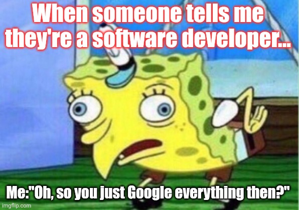 "When they think being a software developer is just Googling things." | When someone tells me they're a software developer... Me:"Oh, so you just Google everything then?" | image tagged in memes,mocking spongebob | made w/ Imgflip meme maker