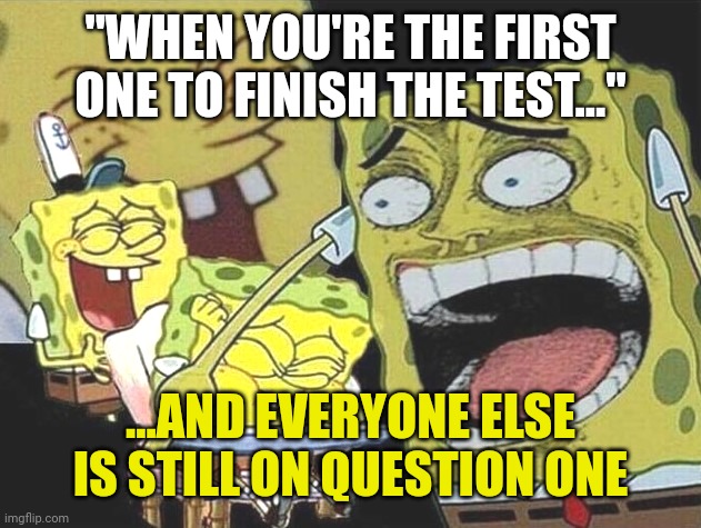 When you realize you're the only one who studied for the test | "WHEN YOU'RE THE FIRST ONE TO FINISH THE TEST..."; ...AND EVERYONE ELSE IS STILL ON QUESTION ONE | image tagged in spongebob laughing hysterically | made w/ Imgflip meme maker