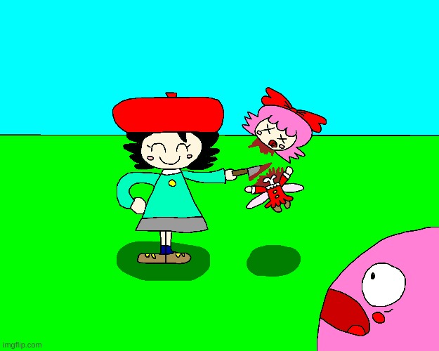 Adeleine slaughtering Ribbon is hilarious | image tagged in kirby,gore,funny,cute,comics/cartoons,parody | made w/ Imgflip meme maker