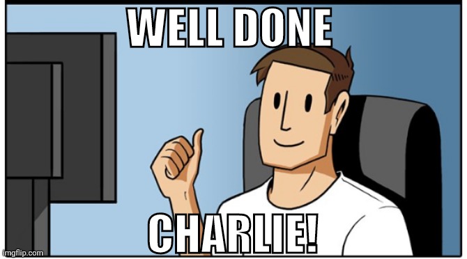 Well done charlie | WELL DONE; CHARLIE! | image tagged in thumbs up smiling at computer | made w/ Imgflip meme maker