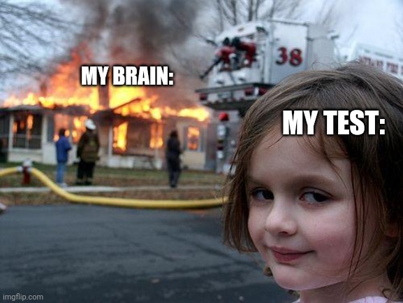 Disaster Girl Meme | MY BRAIN:; MY TEST: | image tagged in memes,disaster girl | made w/ Imgflip meme maker
