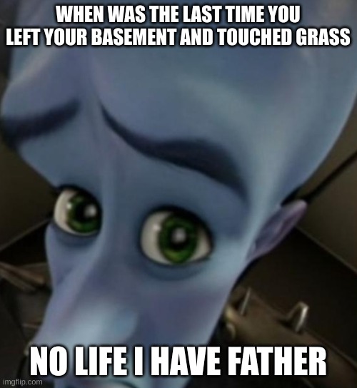 Megamind no bitches | WHEN WAS THE LAST TIME YOU LEFT YOUR BASEMENT AND TOUCHED GRASS NO LIFE I HAVE FATHER | image tagged in megamind no bitches | made w/ Imgflip meme maker