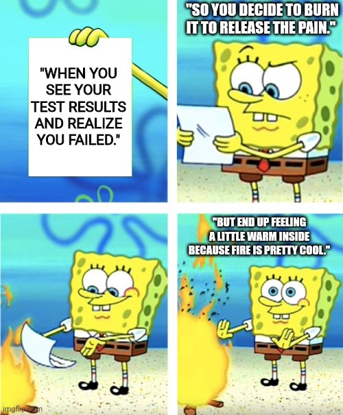 A  person holding a piece of paper with a disappointed expression on their face. | "SO YOU DECIDE TO BURN IT TO RELEASE THE PAIN."; "WHEN YOU SEE YOUR TEST RESULTS AND REALIZE YOU FAILED."; "BUT END UP FEELING A LITTLE WARM INSIDE BECAUSE FIRE IS PRETTY COOL." | image tagged in spongebob burning paper | made w/ Imgflip meme maker