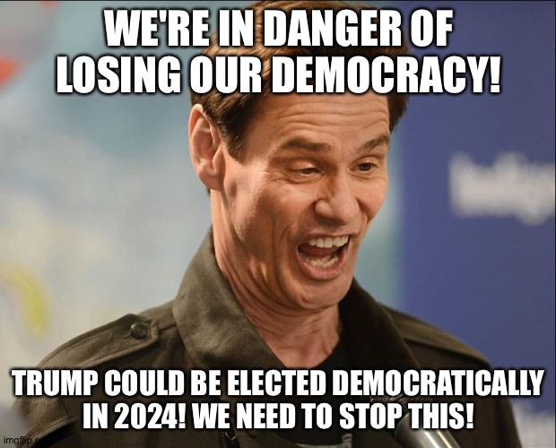 DOOFUS | WE'RE IN DANGER OF LOSING OUR DEMOCRACY! TRUMP COULD BE ELECTED DEMOCRATICALLY IN 2024! WE NEED TO STOP THIS! | image tagged in doofus | made w/ Imgflip meme maker