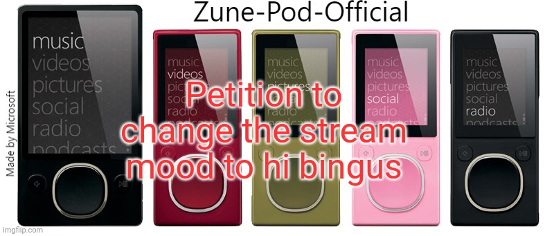 Zune-Pod-Official | Petition to change the stream mood to hi bingus | image tagged in zune-pod-official | made w/ Imgflip meme maker