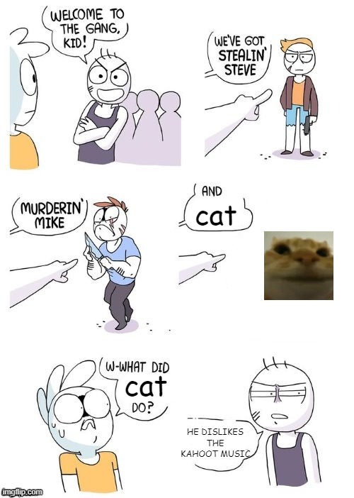 cat | cat; cat; HE DISLIKES THE KAHOOT MUSIC | image tagged in what did x do | made w/ Imgflip meme maker