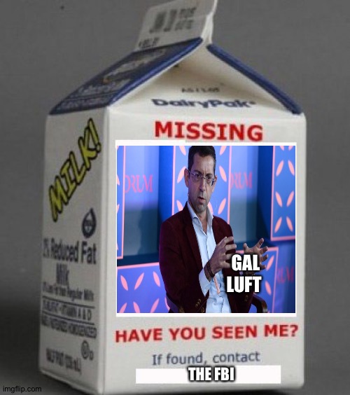 Milk carton | GAL LUFT; THE FBI | image tagged in milk carton | made w/ Imgflip meme maker