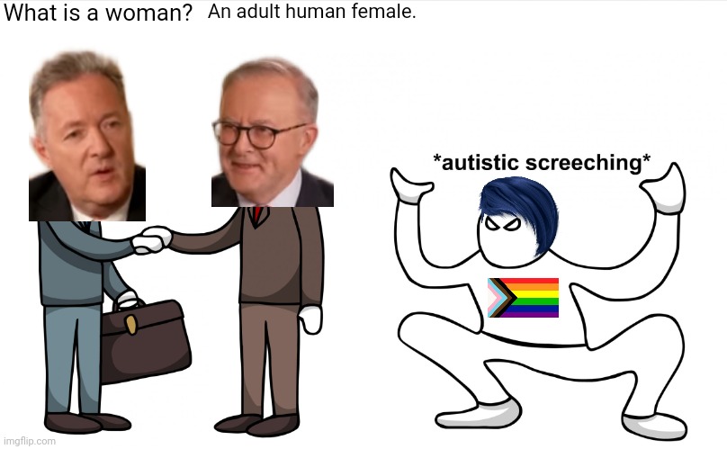 Piers Morgan and Australian Prime Minister  Anthony Albanese define what a woman is, leftists go insane | What is a woman? An adult human female. | image tagged in autistic screeching,piers morgan,anthony albanese,triggered liberal,stupid liberals,gender confusion | made w/ Imgflip meme maker