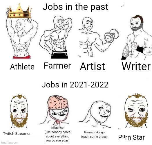 Im not a boomer okay im telling the truth | Jobs in the past; Writer; Farmer; Artist; Athlete; Jobs in 2021-2022; Influencer (like nobody cares about everything you do everyday); Twitch Streamer; Gamer (like go touch some grass); P⁰rn Star | image tagged in x in the past vs x now | made w/ Imgflip meme maker