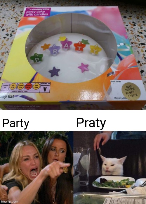 *Party | Praty; Party | image tagged in memes,woman yelling at cat,party,you had one job,spelling error,cake | made w/ Imgflip meme maker
