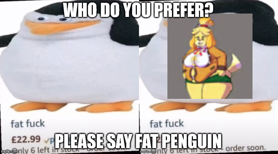 WHO DO YOU PREFER? PLEASE SAY FAT PENGUIN | image tagged in fat f ck | made w/ Imgflip meme maker