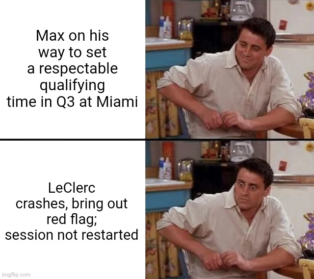 Surprised Joey | Max on his way to set a respectable qualifying time in Q3 at Miami; LeClerc crashes, bring out red flag; session not restarted | image tagged in surprised joey,ferrari,red bull,formula 1 | made w/ Imgflip meme maker