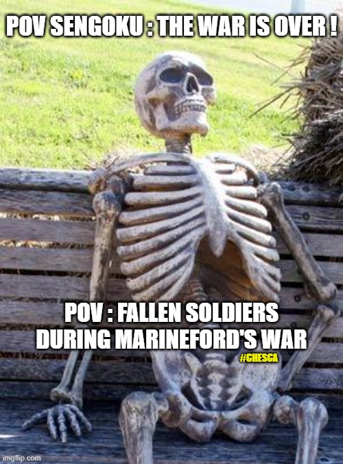 Sengoku at the end of Marineford | POV SENGOKU : THE WAR IS OVER ! POV : FALLEN SOLDIERS DURING MARINEFORD'S WAR; #CHESCA | image tagged in memes,waiting skeleton | made w/ Imgflip meme maker