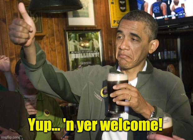 Obama beer | Yup... 'n yer welcome! | image tagged in obama beer | made w/ Imgflip meme maker